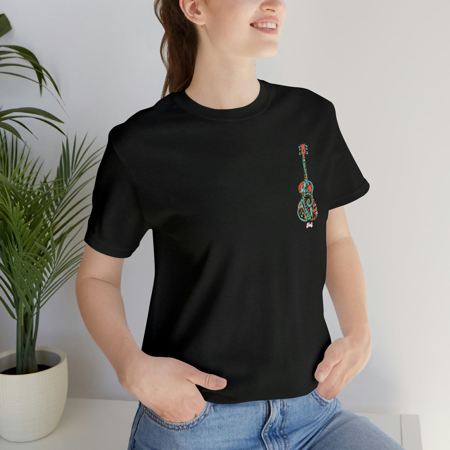 Blooming Floral Guitar Small Logo Unisex Tee 100% Airlume Cotton