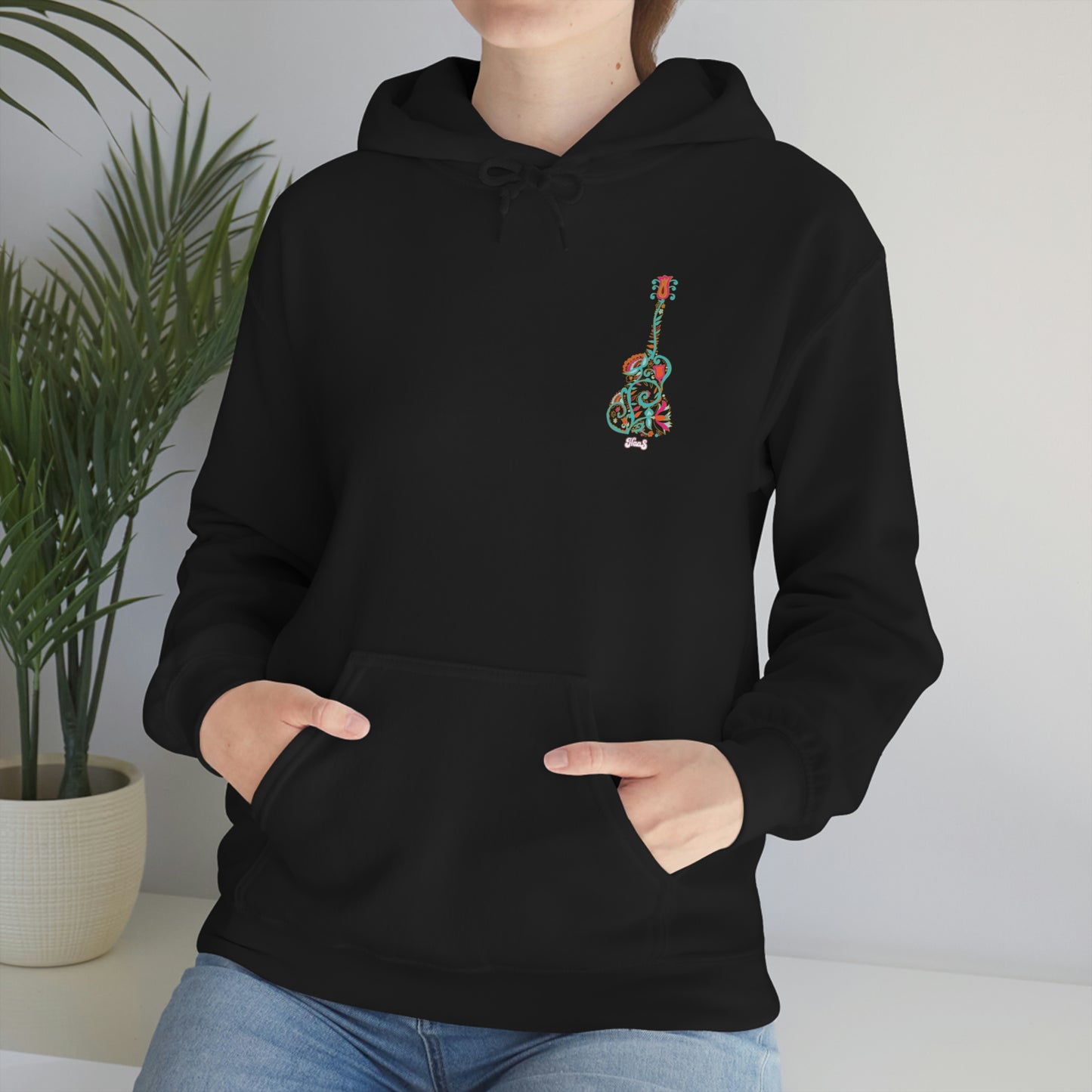 Blooming Floral Guitar Small Logo Unisex Heavy Blend™ Hooded Sweatshirt