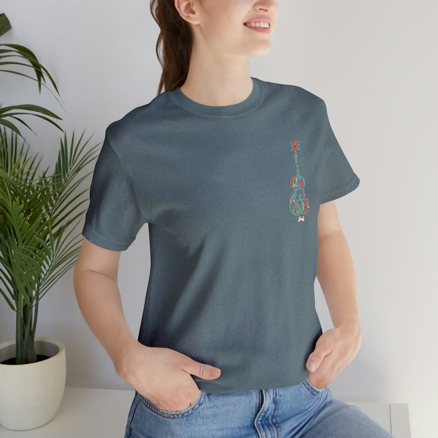 Blooming Floral Guitar Small Logo Unisex Tee 100% Airlume Cotton